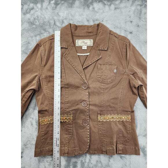 Vintage Plugg Twill Beaded Blazer Jacket Size L Brown Stretch Boho Preppy Y2K - Picture 12 of 13
